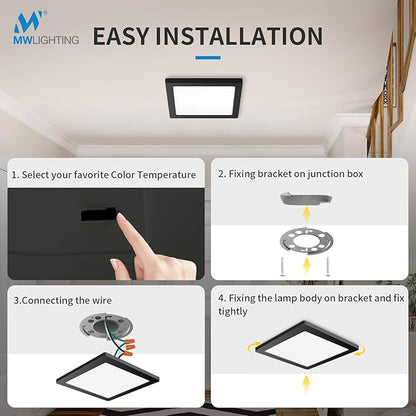 4 Pack 7 Inch Square Black Ceiling Light, 12W, 120V, 3000K/4000K/5000K, Dimmable Slim LED Ceiling Lights, Close to Ceiling Light Fixtures for Bedroom, Hallway, Laundry, ETL Listed, Each Side is 6.38"