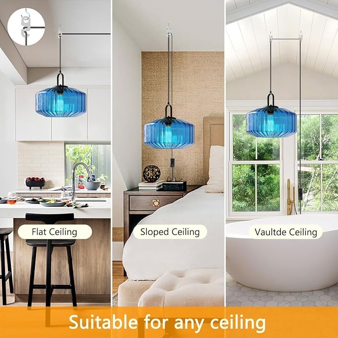 Plug in Hanging Lamp Blue Striped Glass Shade Modern Pendant Light with Plug in Cord Mid Century Pendant Light Fixture Plug in Chandelier Swag Ceiling Lamp for Living Room Bedroom