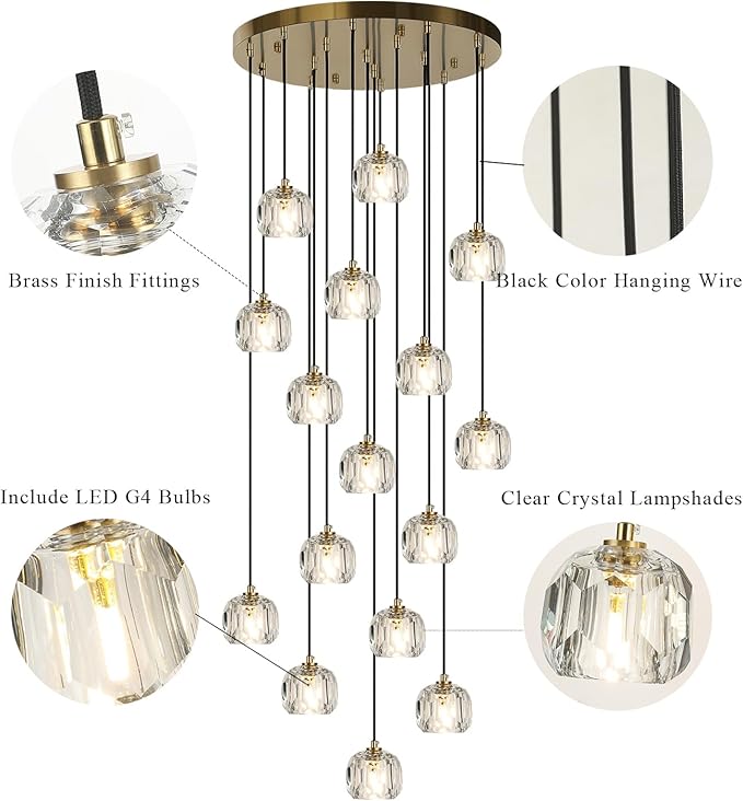 Round Crystal Chandelier, Large Farmhouse Hanging Lamps High Ceiling, Modern Brass Raindrop Pendant Light Fixtures for Dining Room Staircase Living Room