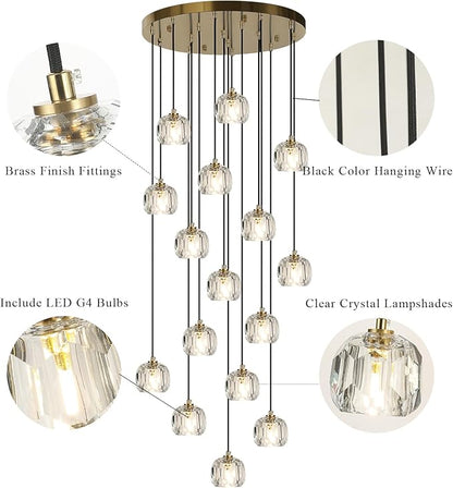 Round Crystal Chandelier, Large Farmhouse Hanging Lamps High Ceiling, Modern Brass Raindrop Pendant Light Fixtures for Dining Room Staircase Living Room