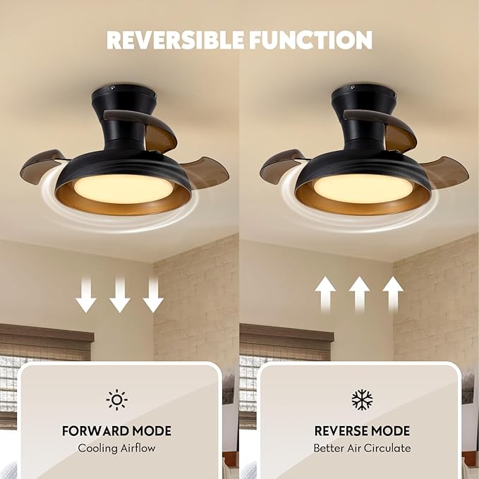 23 Inch Black and Gold Ceiling Fan with Light and Brown Retractable Blades Small Led Light Fixture Ceiling Modern Fandelier Fan Lights Cei ling Fixtures for Bedroom Dining Room Kitchen