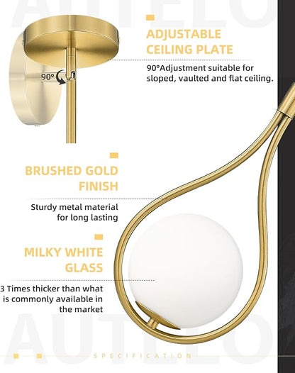 AUTELO Gold Pendant Lights, 1-Light Pendant Lights Kitchen Island in Brushed Gold Finish with Milky White Globe Glass, Mid Century Pendant Light Fixtures, Gold Hanging Lights for Kitchen H9377 MGBG