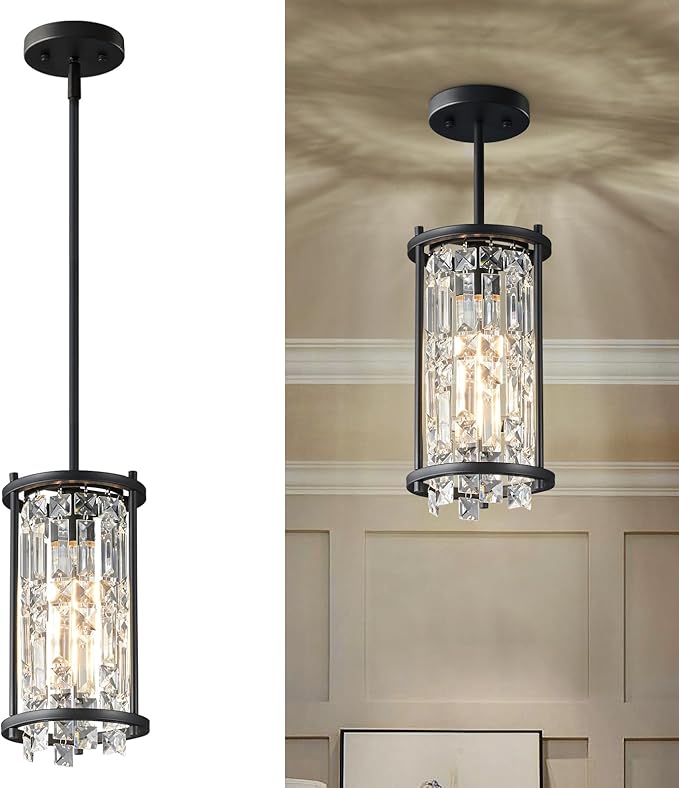 LMQNINE Modern Black Pendant Light Fixtures for Kitchen Island, Crystal Chandelier Lights Fixture, Adjustable Farmhouse Pendant Lighting for Dining Room Bedroom (Round 1-Light)