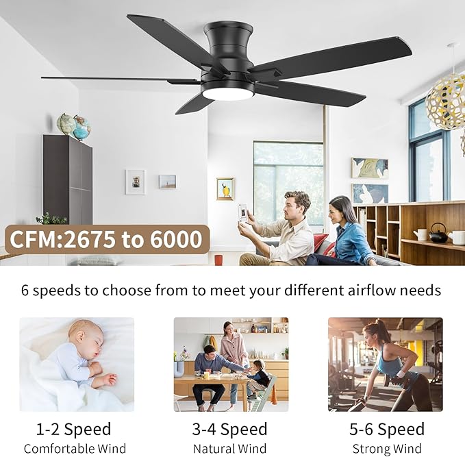 YUHAO 52 Inch Flush Mount Black Ceiling Fan with Light and Remote Control.Noiseless,Dimmable,3CCT,6 Speeds Reversible, Low Profile DC Ceiling Fans for Indoor or Covered Outdoor Use,ETL Listed