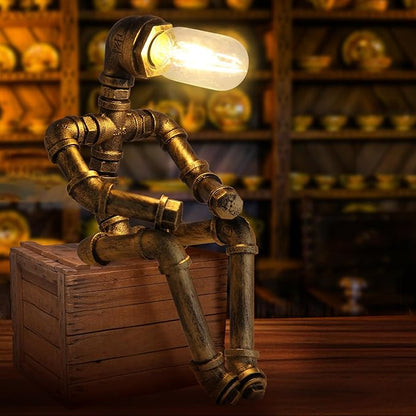 Steampunk Decor Table Lamp for Men Unique Creative Robot Style Desk Lamp,Vintage Industrial Metal Pipe Water Pipe Light, Home Decor Ideal for Bedrooms,Study. (Bronze B)