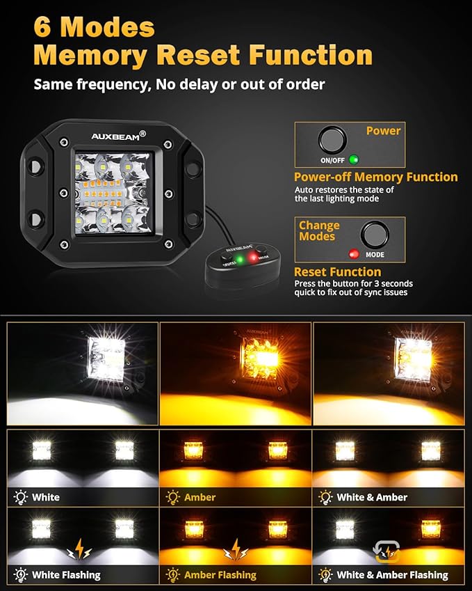 Auxbeam 6 Modes Amber White Series Flush Mount Strobe Lights 5 Inch 72W LED Pods Spot Flood Combo Flashing/Warning Multi-Function Offroad Lighting Bumper Grille Mount, Pair