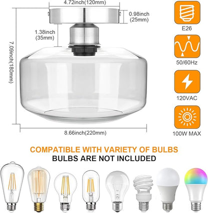 MAXvolador Industrial Semi Flush Mount Ceiling Light Brushed Nickel, Clear Glass Pendant Lamp Shade Farmhouse Lighting Hallway, Hanging Light Fixture