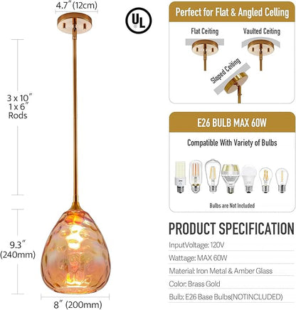 Colorful Amber Hammered Glass Pendant Light with Brass Gold Accent, Adjustable Hanging Lamp for Kitchen, Dining Room, and Living Room