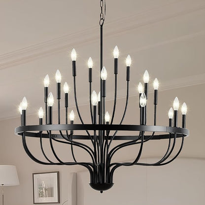 Modern Farmhouse Chandelier for Dining Room 24 Lights, Black Chandelier Light Fixture,Adjustable Height Hanging Candle Pendant Lighting for Kitchen Island (Black 24-Lights)