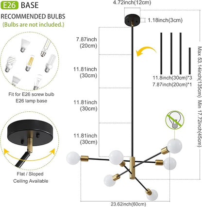 Sputnik Chandelier Mid Century Modern Industrial E26 Pendant Lighting Chandeliers Ceiling Light Fixture Black and Gold Light for Living Room,Kitchen,Bedroom,Dining Room and Farmhouse