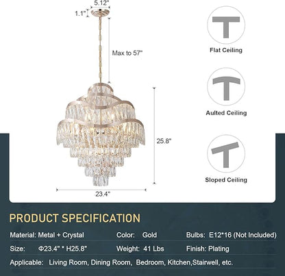 9-Tier K9 Crystal Chandelier 16 Lights Luxury Gold Light Fixtures 24" Crystal Pendant Ceiling Lighting for Living Room Dining Room Foyer Bedroom Kitchen, E12