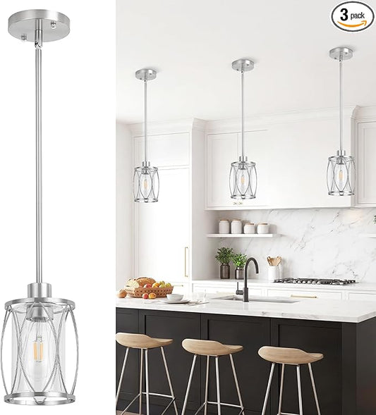 Glass Pendant Lights Kitchen Island Brushed Nickel Pendant Light Fixtures Adjustable Farmhouse Mini Hanging Light with Clear Glass for Sink Dining Room Foyer Entryway Bar, 3 Pack