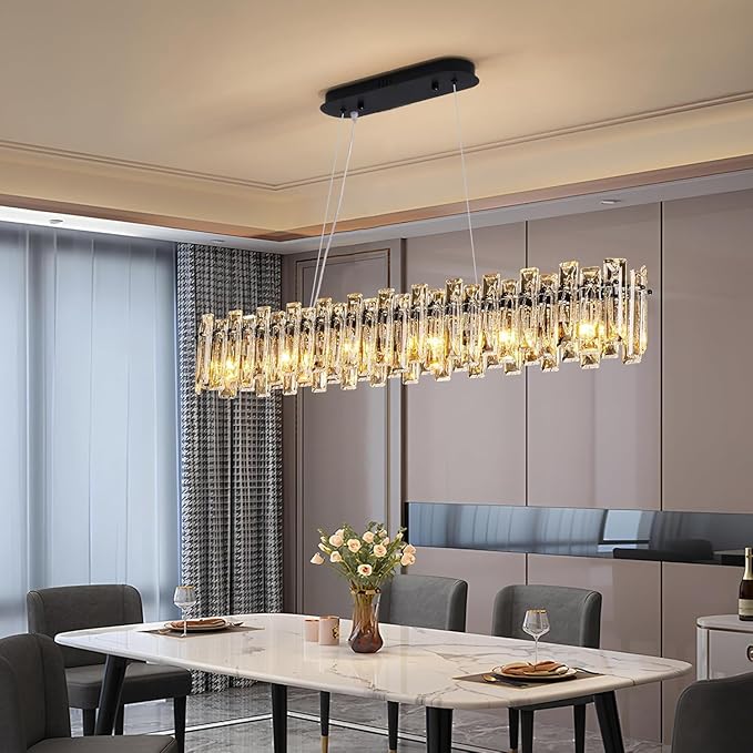 Modern Luxury Rectangular K9 Crystal Chandelier for Dining Room Living Room Kitchen Island Entryway Foyer L43 Easy Install Adjustable Hight 6-Light Ceiling Hanging Light Fixture Black