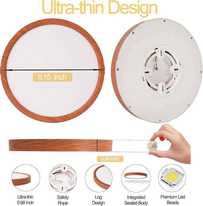9 Inch LED Wood Grain Flush Mount Ceiling Light Fixtures Set of 2, Modern 22W Round Flat Overhead 3000K-4000K-6000K Selectable Ceiling Lamps for Bedroom, Living Room, Kitchen, Entryway