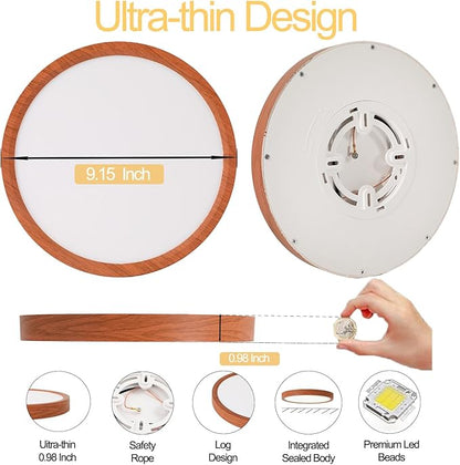 9 Inch LED Wood Grain Flush Mount Ceiling Light Fixtures Set of 2, Modern 22W Round Flat Overhead 3000K-4000K-6000K Selectable Ceiling Lamps for Bedroom, Living Room, Kitchen, Entryway