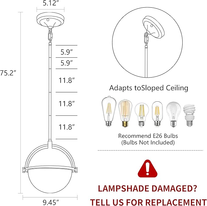 9.5 Inch Black and Gold Globe Pendant Lights Kitchen Island, Mid Century Modern Pendant Light Fixtures with Milk Glass Lampshade, Adjustable Pendant Lights for Dining Room Cafes Restaurants