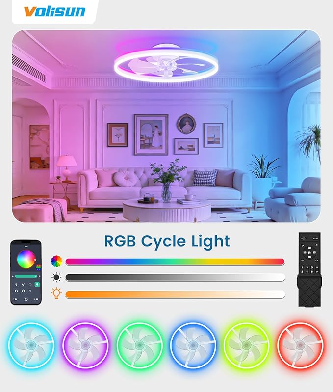 VOLISUN RGB Ceiling Fans with Lights and Remote, 23.6in Low Profile Ceiling Fans with Lights Flush Mount, 3000K-6500K Dimmable Fandelier LED Fan Light, White Bladeless Ceiling Fans for Bedroom