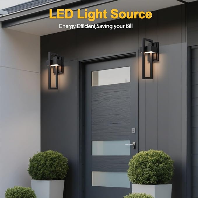 2-Pack Modern Outdoor Wall Lights, 15W LED Exterior Lighting Fixtures, 3000K Warm White Matte Black Wall Sconces for Front Door, Porch, Garage and Patio