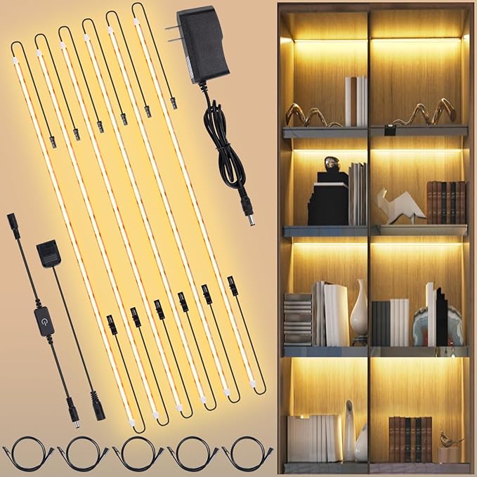 JUSJUBR Shelf Lights, 6 PCS 20 Inch Dimmable Flexible COB LED Light Strips, Warm White 3000K, LED Under Cabinet Lights for Display Case, Bookshelf, Kitchen, Wardrobe and Closet