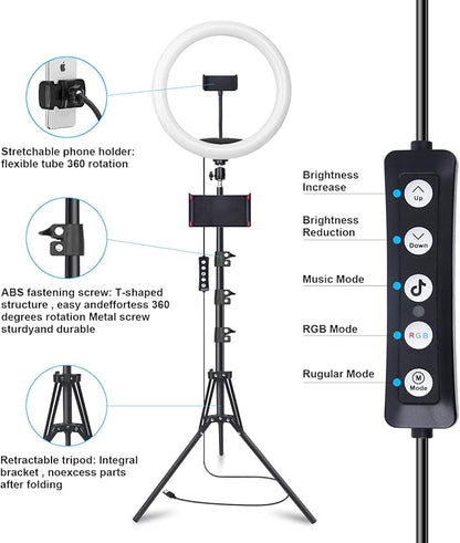 10" Selfie Ring Light with 73" Tripod Stand & 1 Phone Holder, LED Camera Ringlight with 48 RGB Colors Modes & Musical Rhythm Mode and 12 Brightness Dimmable for TikTok/Makeup/Photography/Vlog