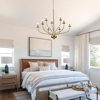 Gold Chandelier Light Fixture 9 Light Brass Chandelier for Dining Room, 30” Large Chandeliers for High Ceilings, Industrial Candle Farmhouse Chandelier for Living Room Kitchen Bedroom Entryway