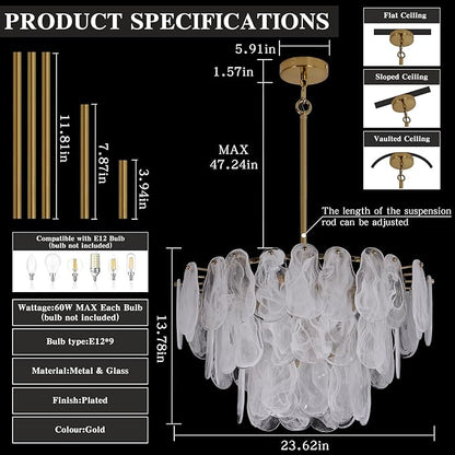 Modern Crystal Glass Chandelier, 23.6" Gold Luxury Hanging Pendant Light Fixture, 9-Light Round Cloud Ceiling Chandeliers Lighting for Dining Room Living Room Bedroom Foyer Stairway, E12
