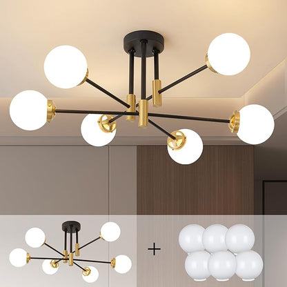 Biewalk Sputnik Ceiling Light Fixture 6 Light Sputnik Chandeliers, Black and Gold Chandelier Light Fixture with Milk White Glass Shade for Living Room Kitchen Bedroom Dining Room (E26 Bulb Excluded)