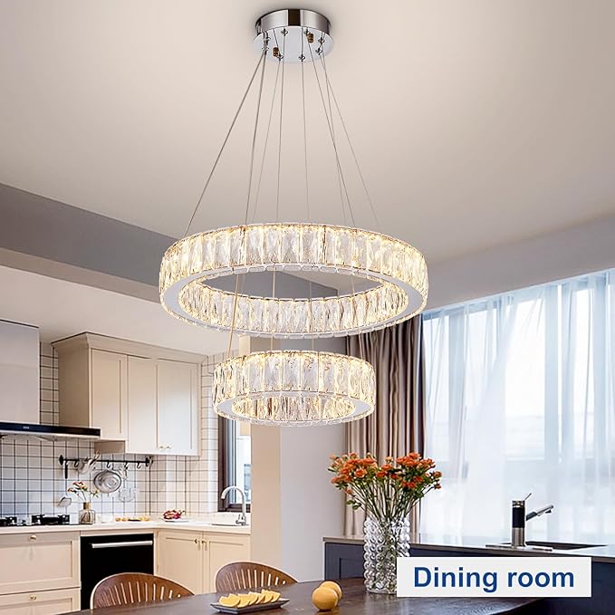 Depuley Modern LED Crystal Chandelier: 11.8" + 19.7" Rings Dimmable Pendant Light Adjustable for Dining Room - 42W Double-Decker Round Crystal Chandeliers for Bedroom Living Room Porch Foyer