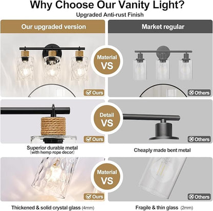 MOKATNG Bathroom Light Fixtures, 3-Light Coastal Vanity Lights with Crystal Glass Shade, Black Bathroom Wall Lamp for Mirror Kitchen Hallway Cabinet