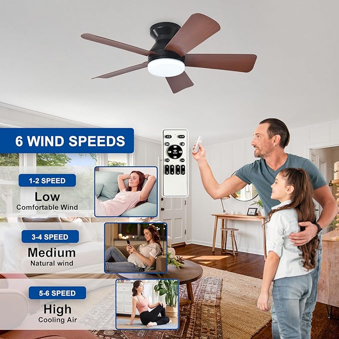 35-Inch Ceiling Fans with Lights: Walnut Low Profile Ceiling Fan with Light and Remote Control - Reversible Flush Mount Fans - 3CCT Dimmable Small Ceiling Fan for Bedroom Indoor/Outdoor Use