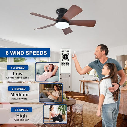 35-Inch Ceiling Fans with Lights: Walnut Low Profile Ceiling Fan with Light and Remote Control - Reversible Flush Mount Fans - 3CCT Dimmable Small Ceiling Fan for Bedroom Indoor/Outdoor Use