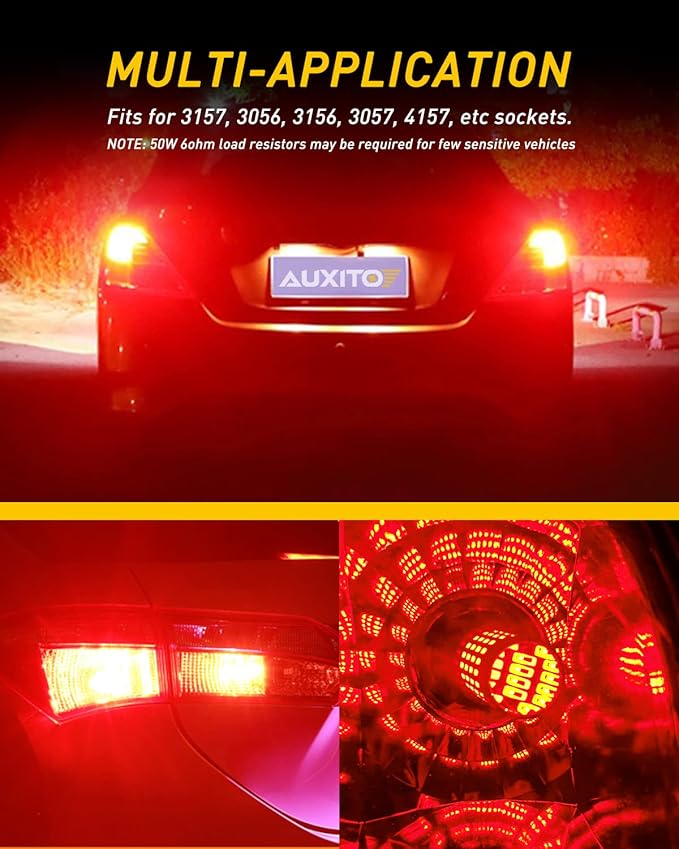 AUXITO Upgraded 3157 LED Bulbs Red, Super Bright 3056 3156 3057 4157 LED Bulbs with Projector for Brake Lights Tail Lights Stop Turn Signal Reverse Back Up Parking License Plate Lights