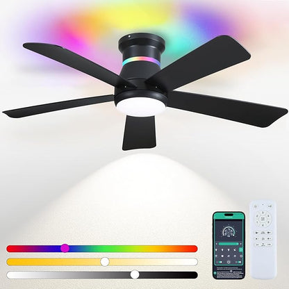 Surtime 46" Black Ceiling Fans with RGB Lights - Flush Mount Ceiling Fan Light with LED 3CCT Dimmable, Modern Low Profile Ceiling Fans for Indoor Party,Covered Outdoor