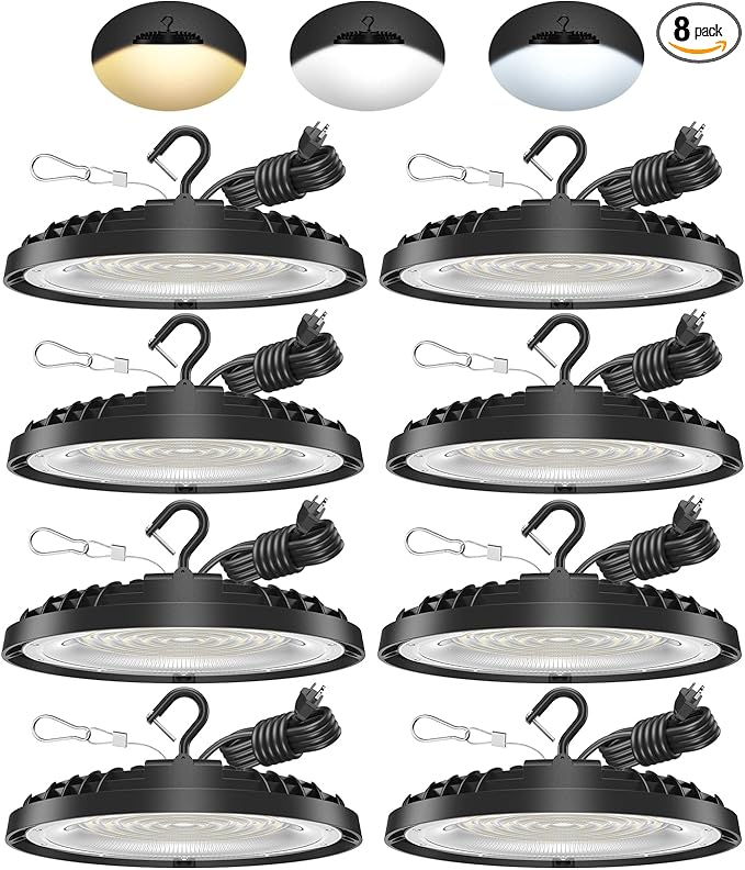 200W UFO LED High Bay Light, Adjustable Wattage 200W/150W/100W, 3-Color Temperature (6500K/5000K/3500K), 28,000LM, AC100-277V, Plug & Play LED Shop Lights Fixture for Warehouse, Garage, Factory 8 Pack