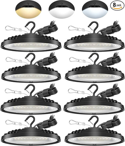 200W UFO LED High Bay Light, Adjustable Wattage 200W/150W/100W, 3-Color Temperature (6500K/5000K/3500K), 28,000LM, AC100-277V, Plug & Play LED Shop Lights Fixture for Warehouse, Garage, Factory 8 Pack