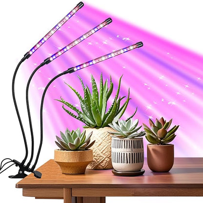 Indoor Plant Grow Light, Full Spectrum Clip Plant Lamp with Red, Blue, White Light, Plant Growing Light with Flexibel Gooseneck, 4/8/12/18H Timer, 10 Brightness Levels, 3 Lighting Modes, 3 Head