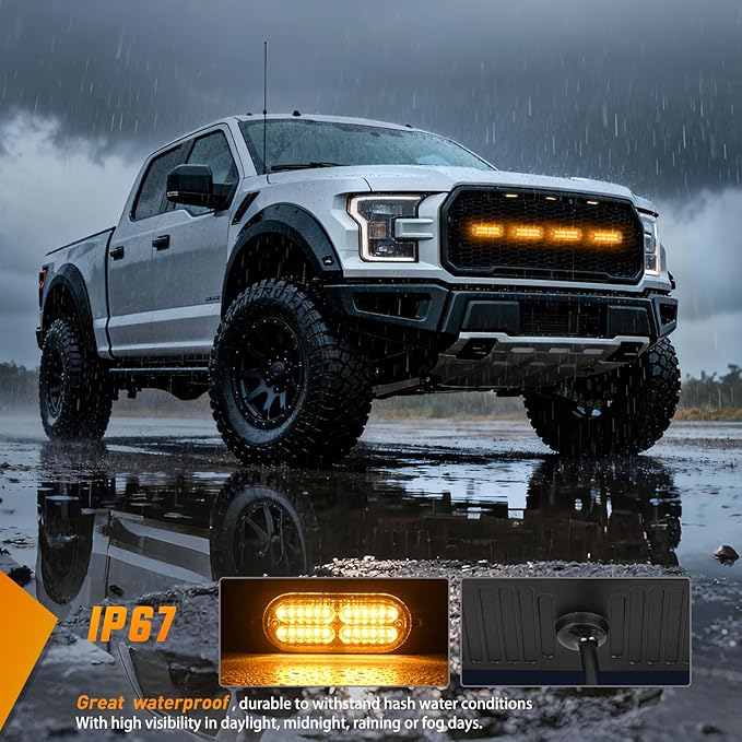 Nilight 4PCS 24LED Emergency Strobe lights 12V 24V Amber Surface Mount Grille Hazard Safety Warning Light Sync Feature Side Flashing Marker Flash for Car Truck Campers