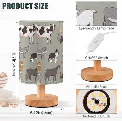 Bedside Table Lamp Farm Animals Nightstand Lamp with Wood Cows Sheep Pig Fox Chicken Duck Dog Rabbit Desk Lamps for Bedroom Living Room Nursery Office Home Decor