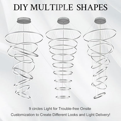 9-Rings D39.4’’ Modern LED Chandelier Silver Dimmable High Ceiling Foyer Chandeliers Entryway with Remote Control for Staircase Entryway Living Room Foyer, 3000K-6500K