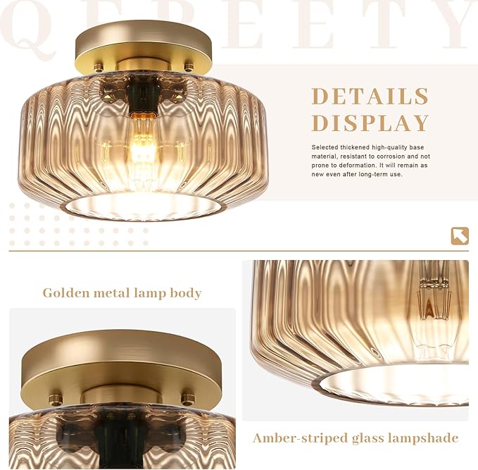 Amber Semi-Flush Mount Ceiling Light, Mid-Century Small Ceiling Light Fixture, E26 Base 1-Light Gold Ceiling Lamp for Kitchen Bathroom Hallway Bedroom Entryway