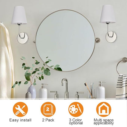 Modern Hardwired Wall Sconces, Set of 2 in Chrome with White Fabric Shades,Farmhouse Light, Living Room, Hallway, Bathroom, Vanity, or Staircase. Sleek, Versatile Lighting
