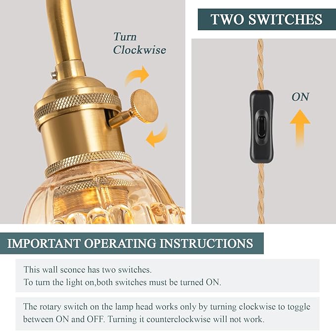 Plug-in Wall Sconce (Set of 2), Vintage Wall Decorative Lamp with Amber Glass Shade, Indoor Brass Plug-in Wall Sconce for Bedroom, Living Room, Bathroom, Hallway
