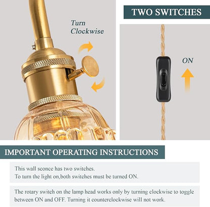 Plug-in Wall Sconce (Set of 2), Vintage Wall Decorative Lamp with Amber Glass Shade, Indoor Brass Plug-in Wall Sconce for Bedroom, Living Room, Bathroom, Hallway