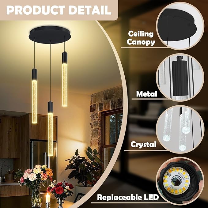 3-Lights Pendant Lights Modern LED Kitchen Island Chandelier Remote Dimmable Bubble Crystal Pendant Light Black Corner Fixture for Dining Room Living Room Foyer