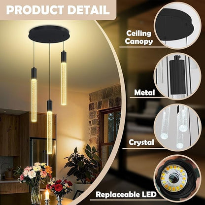 3-Lights Pendant Lights Modern LED Kitchen Island Chandelier Remote Dimmable Bubble Crystal Pendant Light Black Corner Fixture for Dining Room Living Room Foyer
