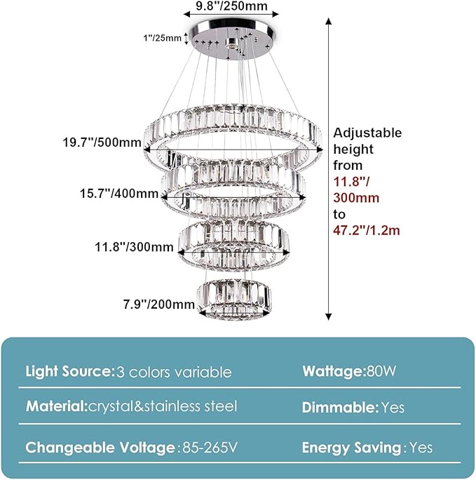 Dimmable Modern LED Chandelier with Remote 4 Ring Pendant Light Crystal Chandeliers for Dining Room Bedroom Living Room,3 Colors Adjustable,Dia7.9-11.8"-15.7"-19.7",79 W