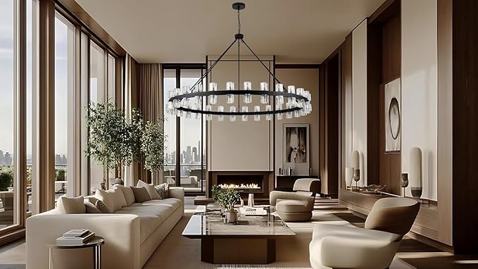 60 Inch Black Wagon Wheel Chandelier with Crystal Shade, 60 Lights, Modern Farmhouse Style, Ideal for Dining Room, Kitchen, Entryways