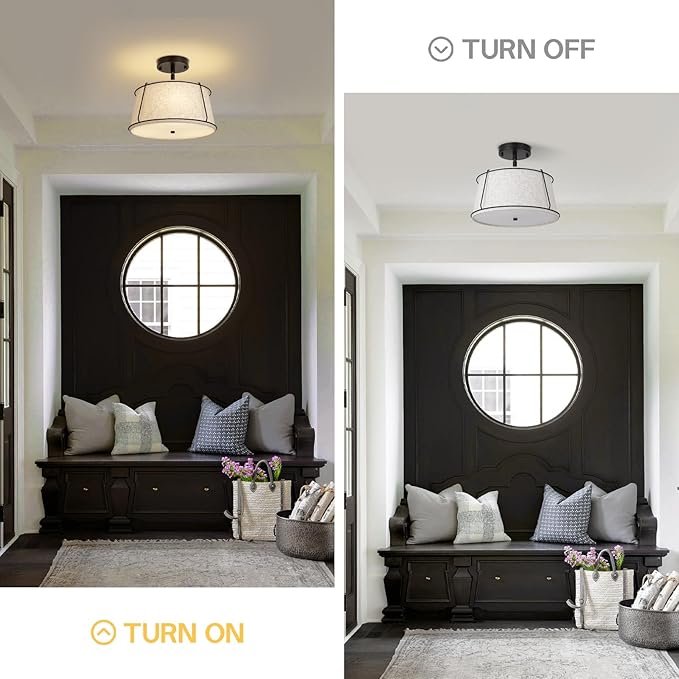 13'' Semi Flush Mount Ceiling Light Fixture,3-Light Black Light Fixtures Ceiling Mount with Linen Drum Fabric Shade,Modern Close to Ceiling Lamp for Bedroom Dining Room Kitchen Hallway (Adjustable)