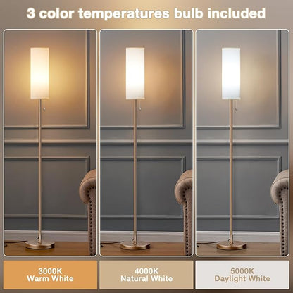 Ambimall Floor Lamp with 3 Color Temperatures Bulb, 64" Standing lamp with Linen lampshade for Bedroom, Minimalist Pole Lamp, White Shade & Brown Pole