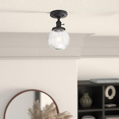 Yosoan 1-Light Indoor On Off Switch Hallway Ceiling Light, Modern Single Vintage Industrial Semi Flush Mounted with Retro Striped Round Shade for Kitchen Entry Bathroom Bedroom(Matte Black)